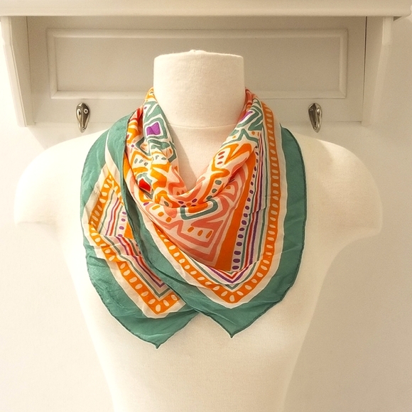 Bill Haire Vintage Orange & Green Art Deco Square Scarf  25"x 25" - Picture 1 of 8